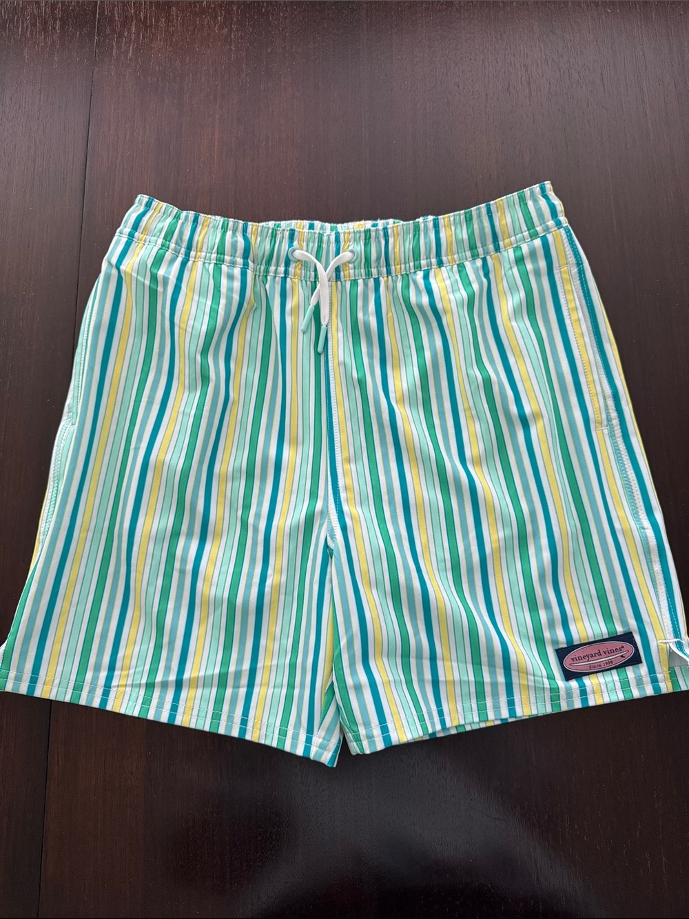 Vineyard Vines Boys Striped Swim Trunks - Teal, Yellow, White